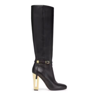 Custom Logo Ladies Long Boots Round Toe Black Leather Gold Metal Heel Women Knee High Boots