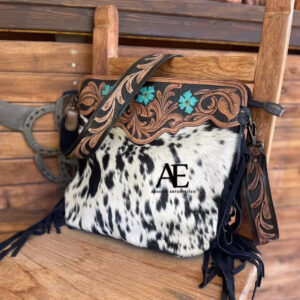 Hand Tooled Hair On Hide Fur Leather Fringe Handbag Stylish Women Colorful Tooling Leather Shoulder Bag Big Size Cross Body Bags