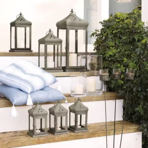 Set Of 6 Stainless Steel Grey Colored Frame 6 Glass Lantern Shiny Polished T Light Lantern for Home & Garden decoration