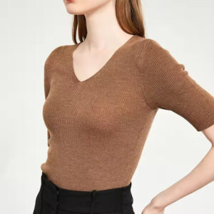 Women's Short Sleeves Seamless One-piece Rib Knit Worsted Merino Wool Thin Summer Sweater
