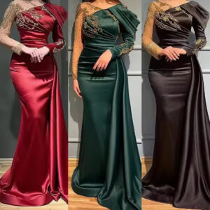 Custom Green Mermaid Satin Evening Dress Single shoulder beaded elegant women's blue party dress