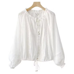 2023 New Arrival Ruffled Neck Summer Shirt Dropshipping Beach wearing Lady Top WomenPuff Sleeve White Cotton Vacation Blouses